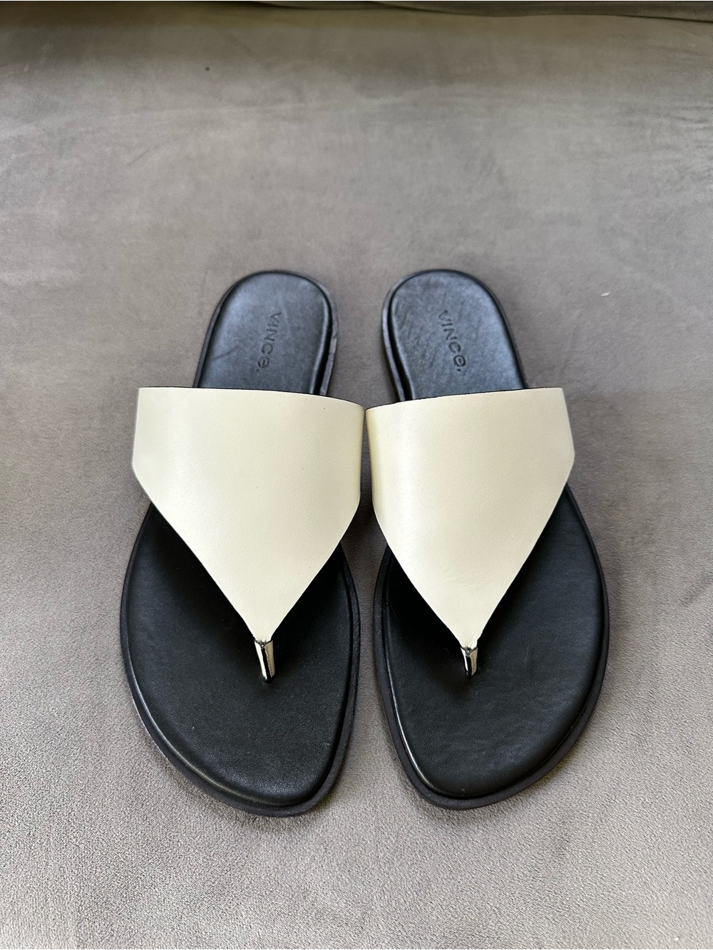 Vince Cream Toe-Post Sandal with Black Footbed
